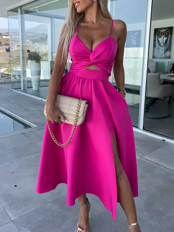 Twisted Front Midi Dress with Cut-Out and High Slit