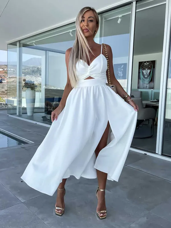 Twisted Front Midi Dress with Cut-Out and High Slit