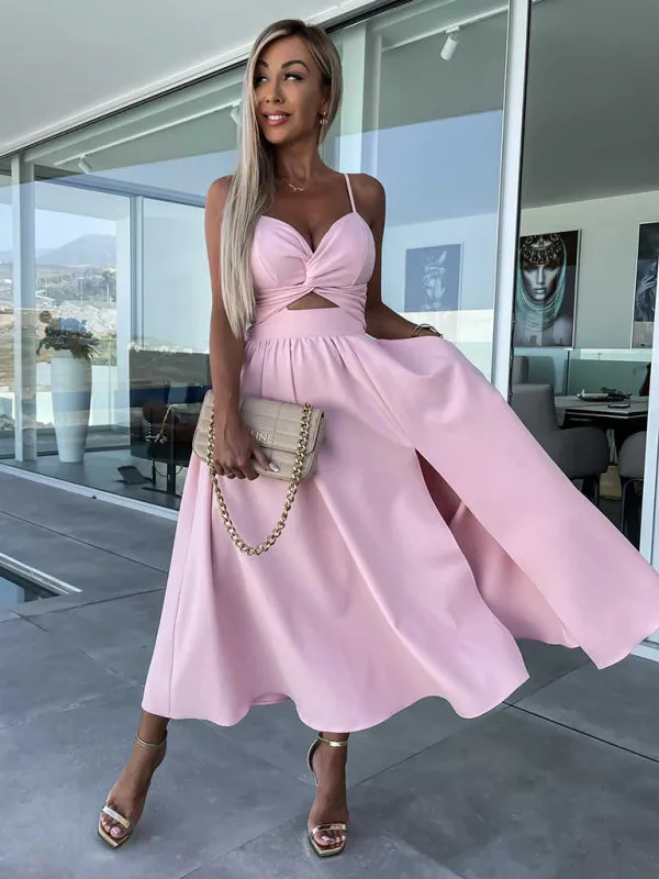 Twisted Front Midi Dress with Cut-Out and High Slit