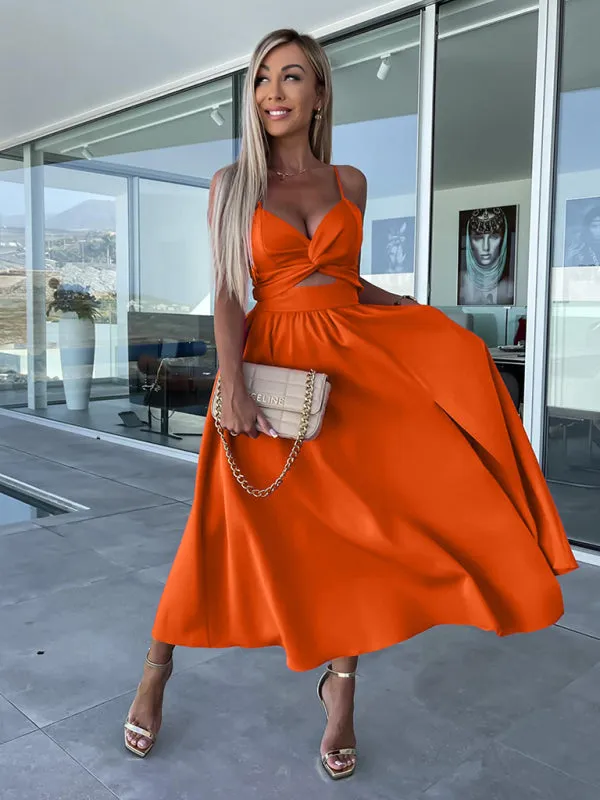 Twisted Front Midi Dress with Cut-Out and High Slit