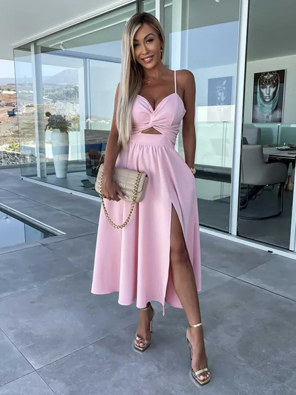 Twisted Front Midi Dress with Cut-Out and High Slit