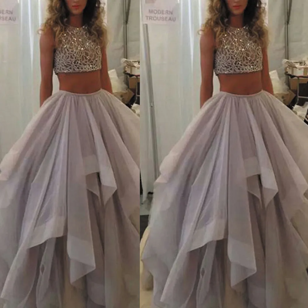 two piece prom dresses ball gown 2020 purple beaded lace appliqué elegant tiered prom gowns vestido de Longo