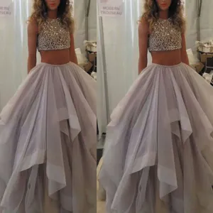 two piece prom dresses ball gown 2020 purple beaded lace appliqué elegant tiered prom gowns vestido de Longo