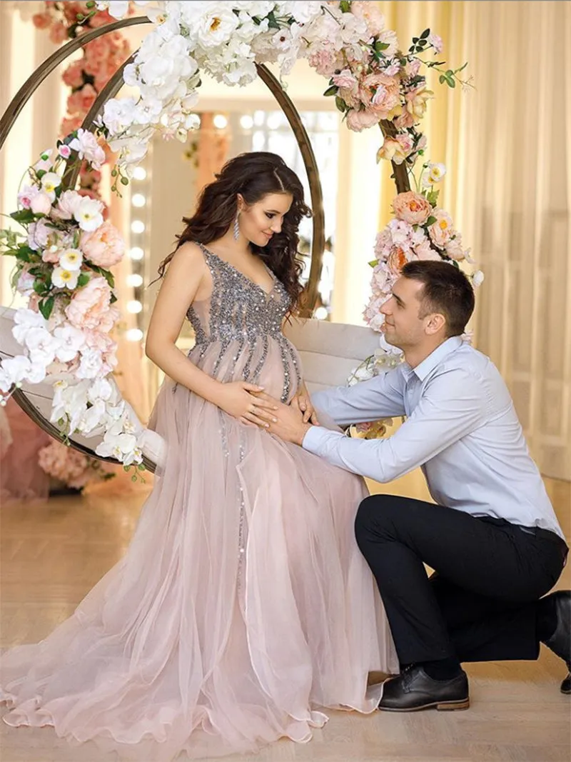 V-Neck Beaded Evening Dresses Prom Dress Elegant Sleeveless Maxi Dress Photo Shoot Dress
