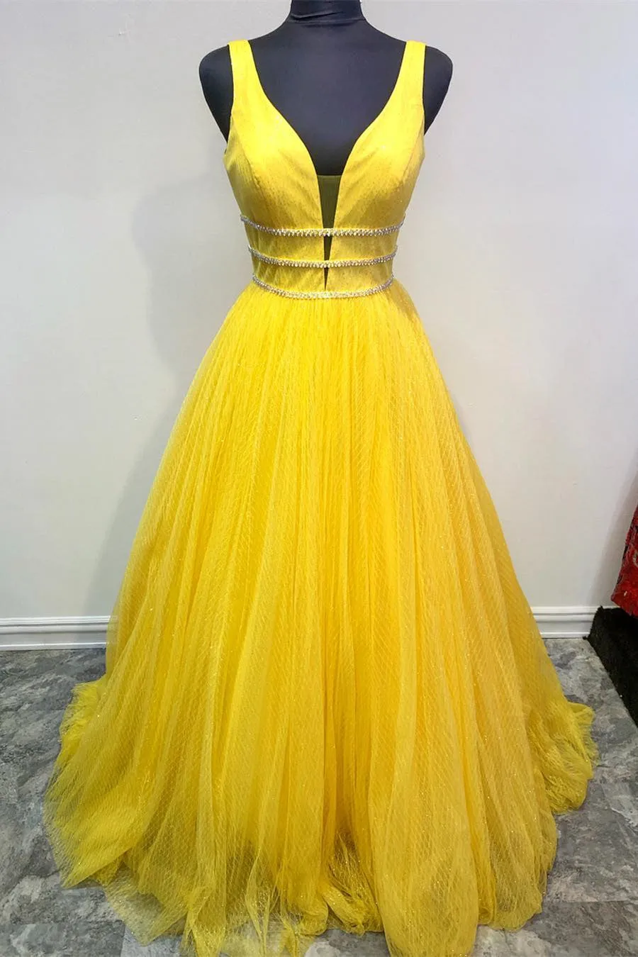 V-Neck Beaded Tulle Lavender Long Prom Dress