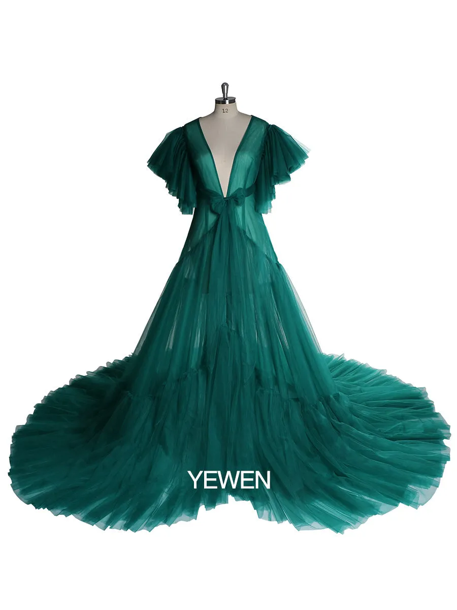 V Neck Bow Short Sleeve Pleated Maternity Dress For Photo Shoot