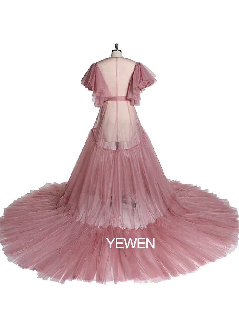V Neck Bow Short Sleeve Pleated Maternity Dress For Photo Shoot