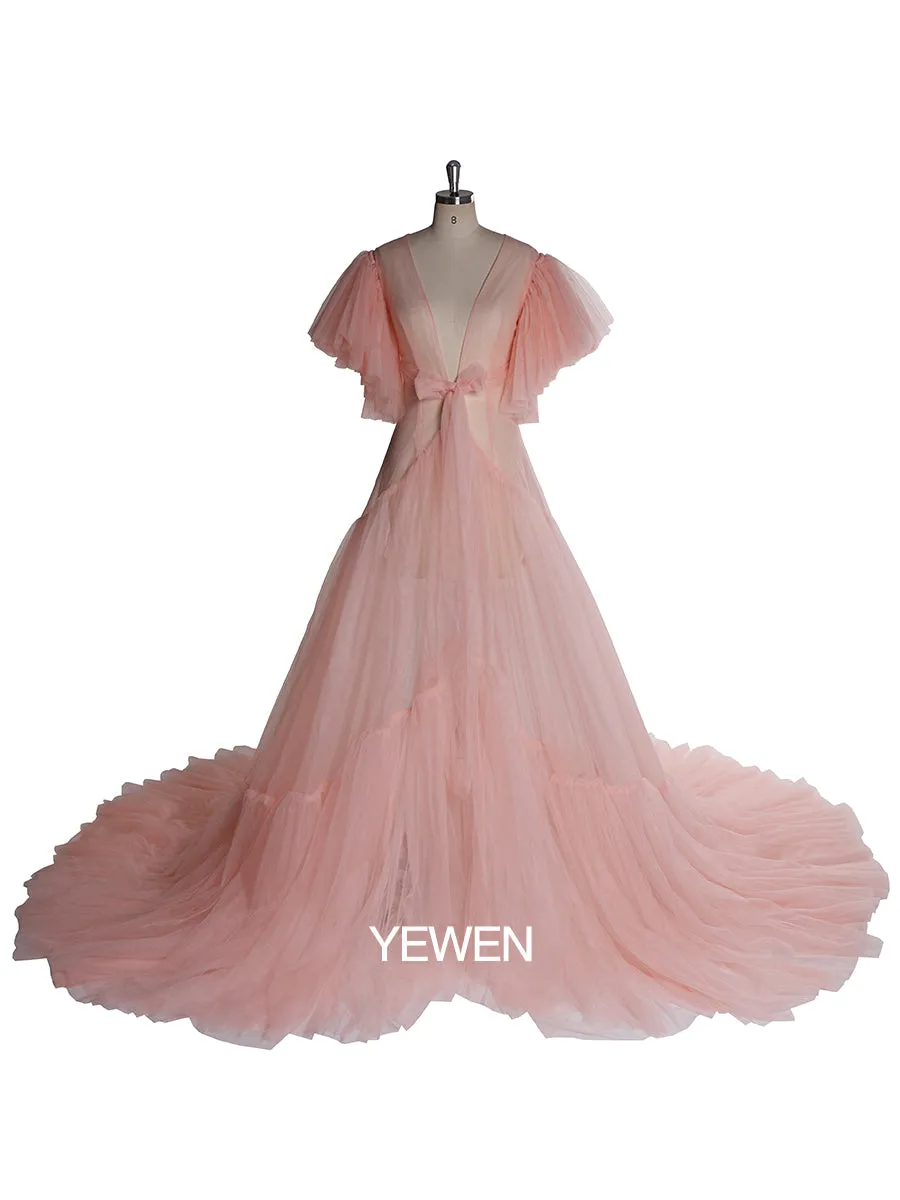 V Neck Bow Short Sleeve Pleated Maternity Dress For Photo Shoot