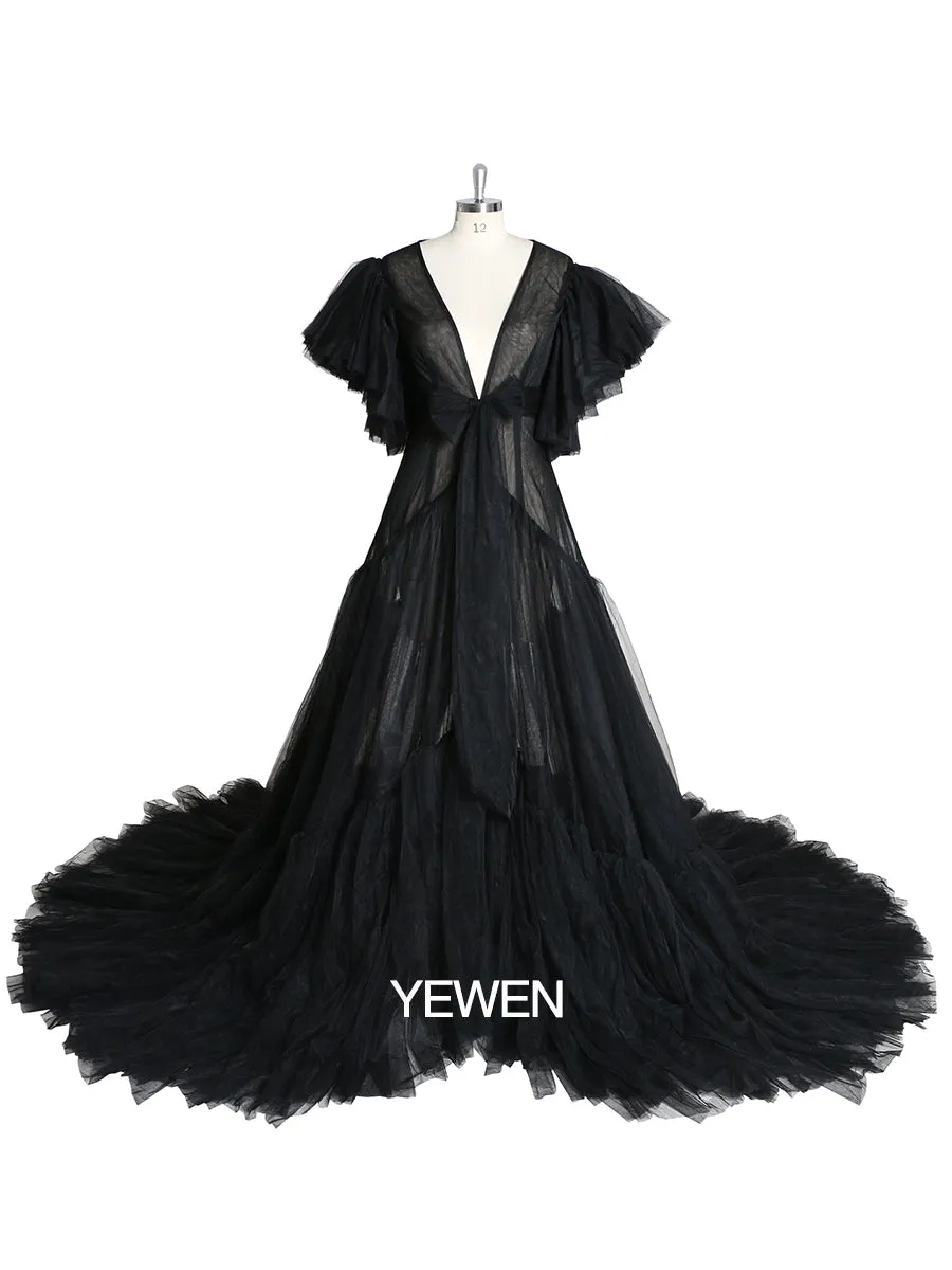V Neck Bow Short Sleeve Pleated Maternity Dress For Photo Shoot