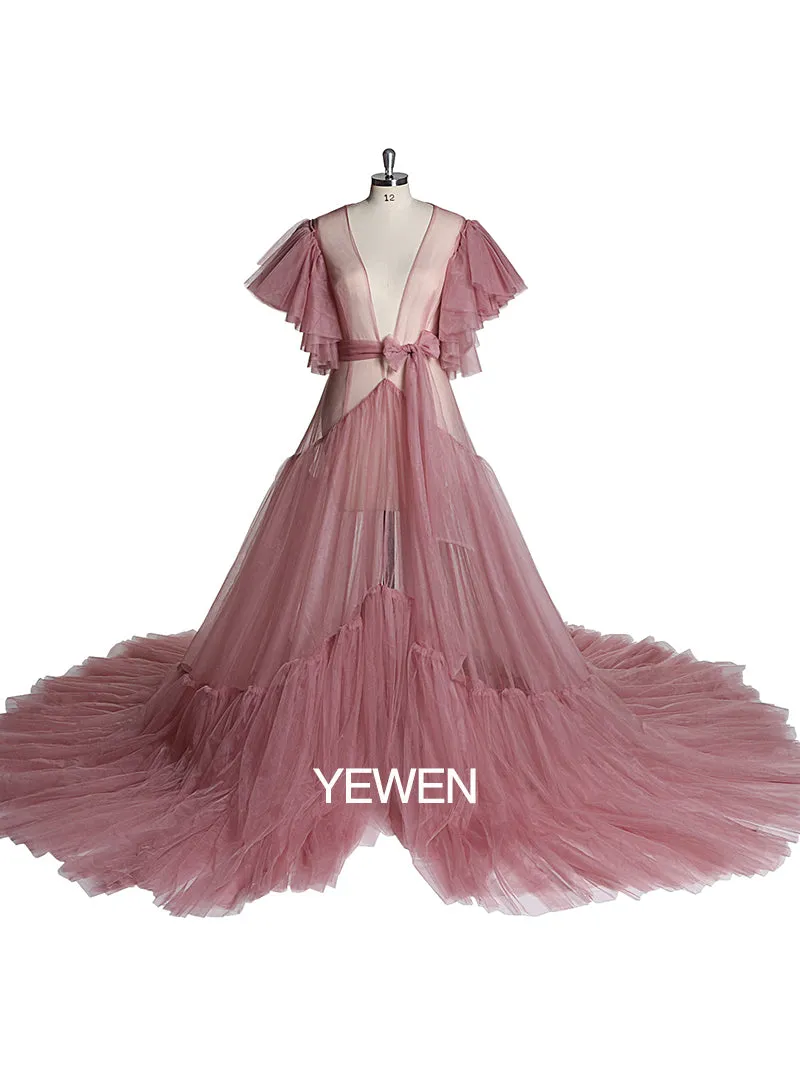 V Neck Bow Short Sleeve Pleated Maternity Dress For Photo Shoot