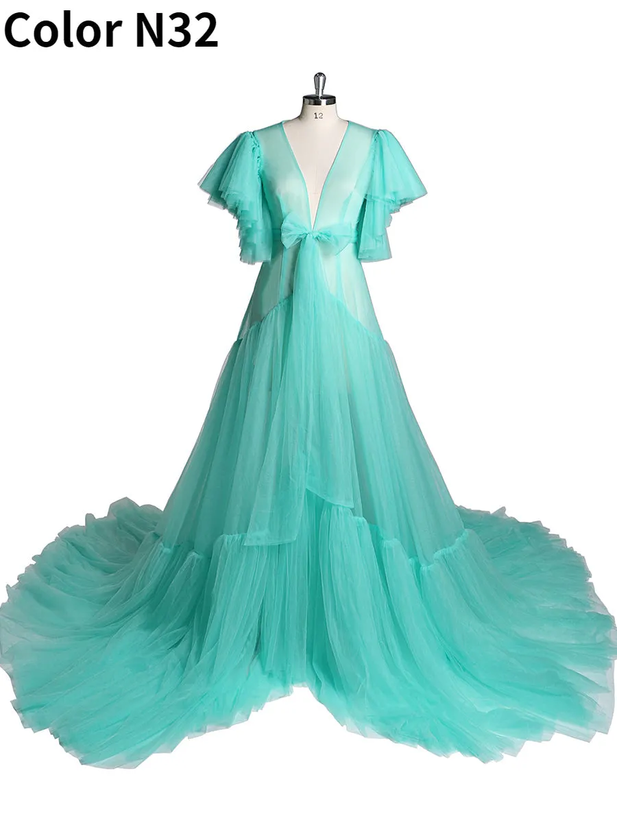 V Neck Bow Short Sleeve Pleated Maternity Dress For Photo Shoot