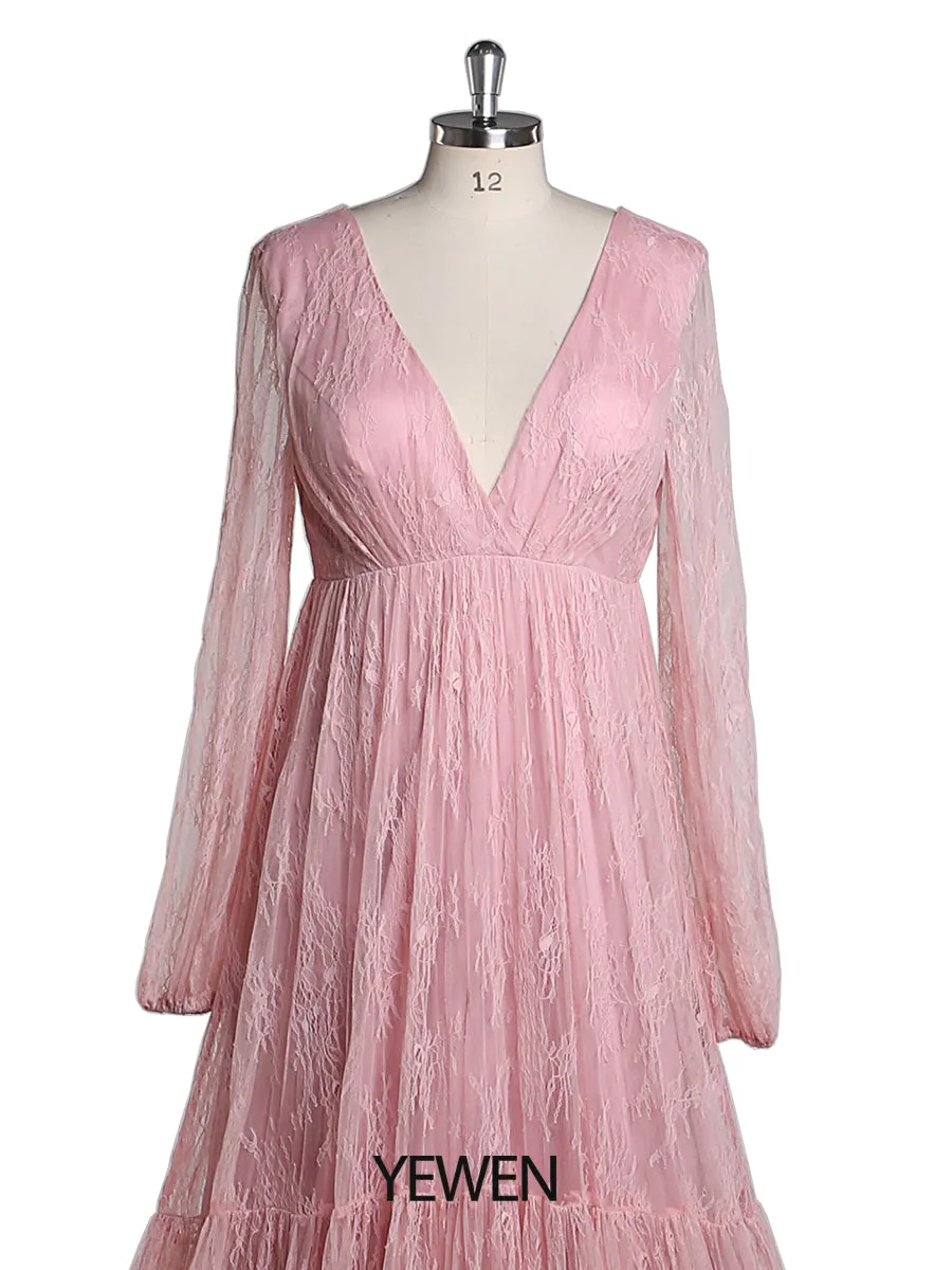 V Neck Elegant Long Sleeve Lace Evening Gown Maternity Dress for Photgraphy Baby Shower YW2046