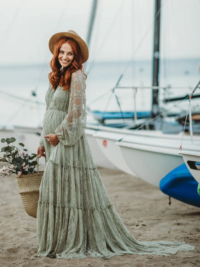 V Neck Elegant Long Sleeve Lace Evening Gown Maternity Dress for Photgraphy Baby Shower YW2046