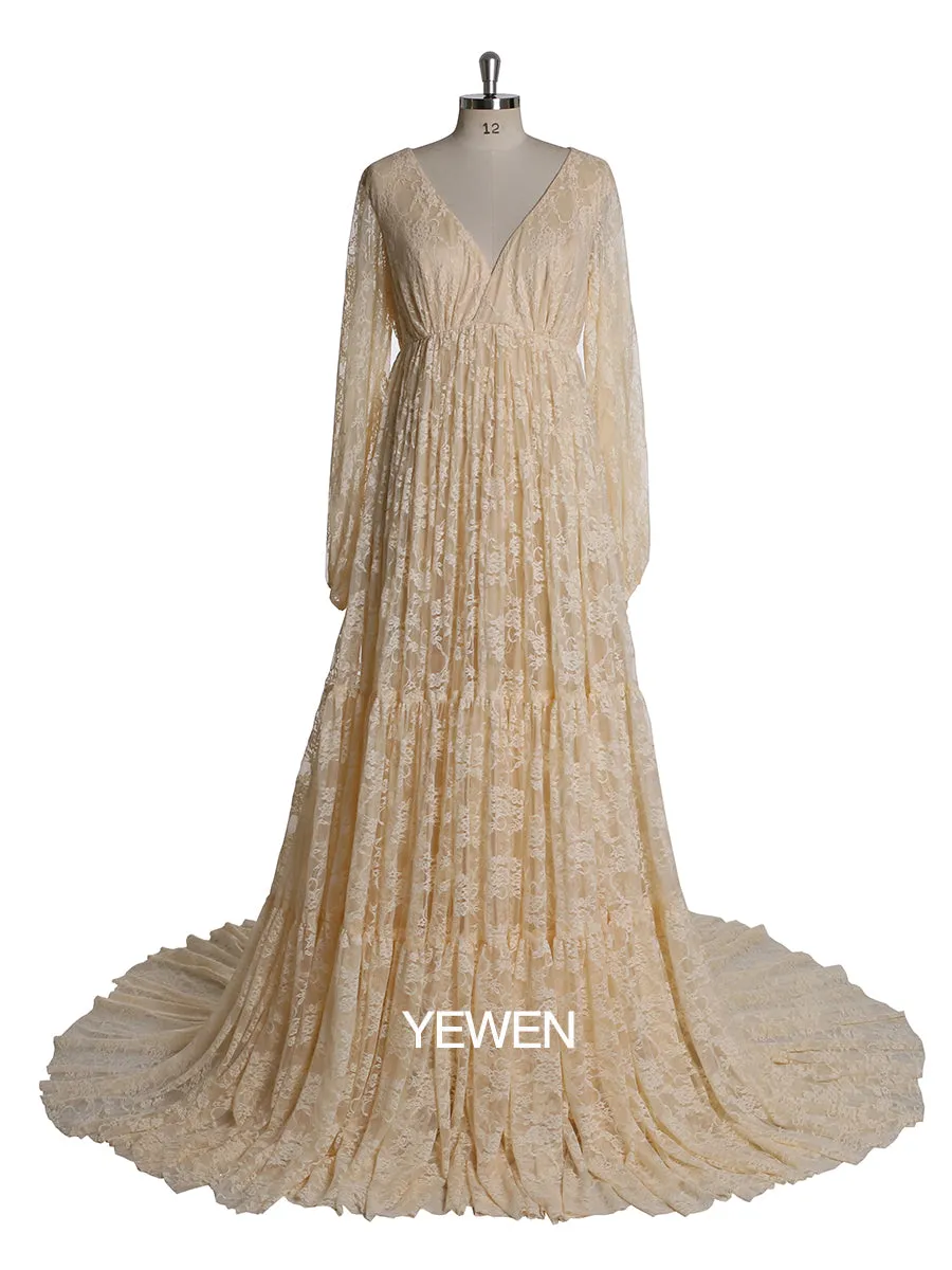 V Neck Elegant Long Sleeve Lace Evening Gown Maternity Dress for Photgraphy Baby Shower YW2046