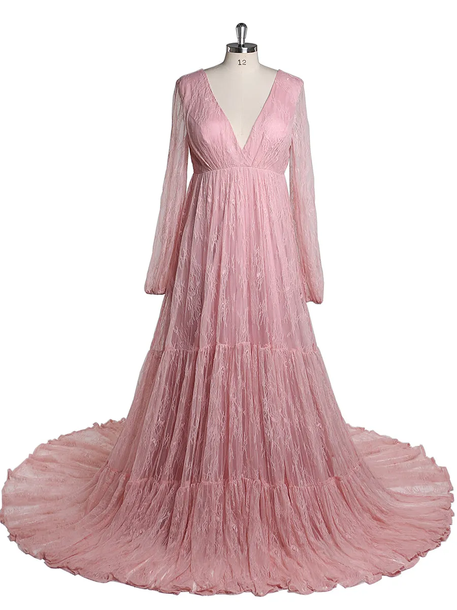 V Neck Elegant Long Sleeve Lace Evening Gown Maternity Dress for Photgraphy Baby Shower YW2046