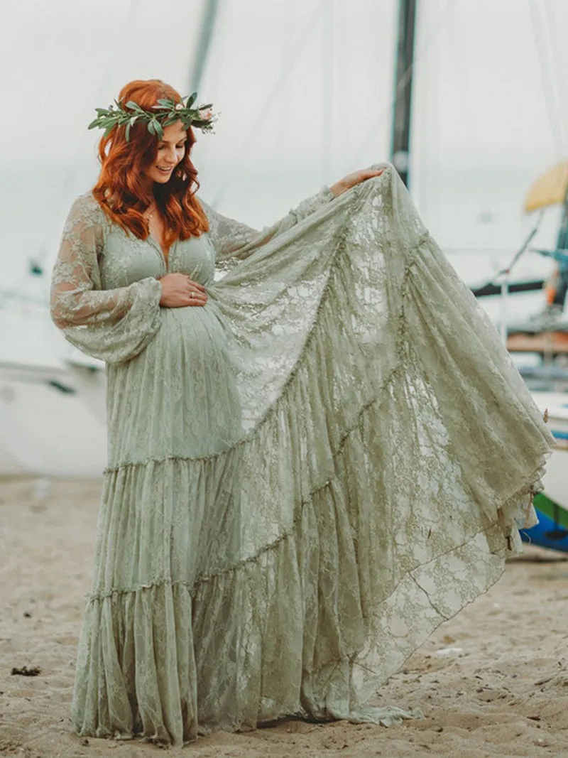 V Neck Elegant Long Sleeve Lace Evening Gown Maternity Dress for Photgraphy Baby Shower YW2046