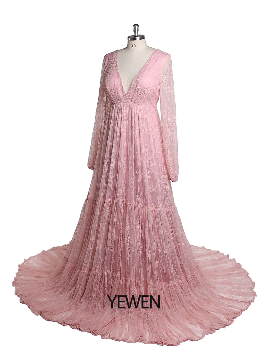 V Neck Elegant Long Sleeve Lace Evening Gown Maternity Dress for Photgraphy Baby Shower YW2046