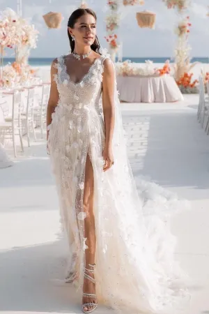 V-neck Lace Flower Wedding Dress with Split Side
