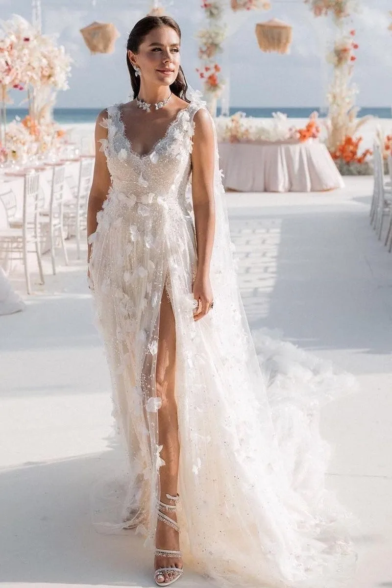 V-neck Lace Flower Wedding Dress with Split Side