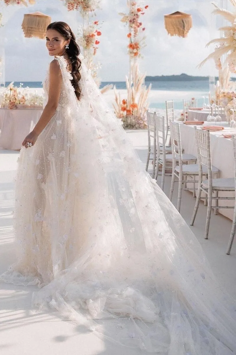 V-neck Lace Flower Wedding Dress with Split Side