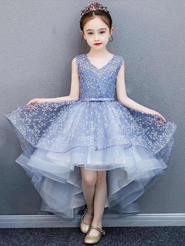 V-Neck Lace Sleeveless Asymmetrical Princess Bows Kids Party Dresses