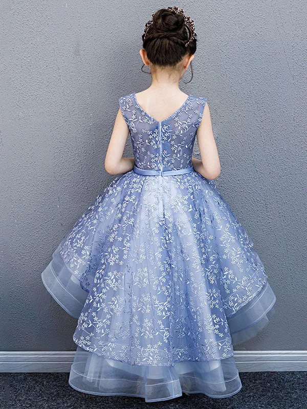 V-Neck Lace Sleeveless Asymmetrical Princess Bows Kids Party Dresses