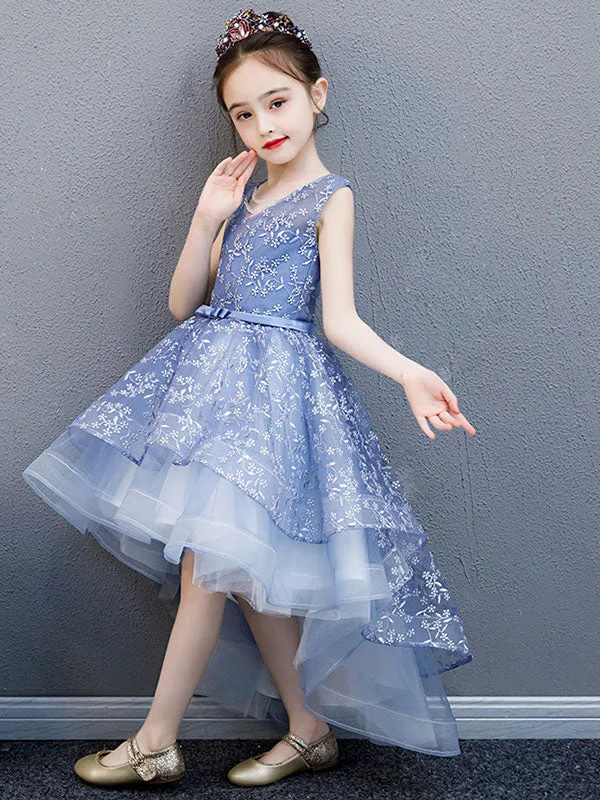 V-Neck Lace Sleeveless Asymmetrical Princess Bows Kids Party Dresses