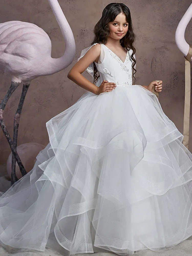 V Neck Lace Sleeveless Floor Length Shoulder Bows Princess Tiered Kids Social Party Dresses