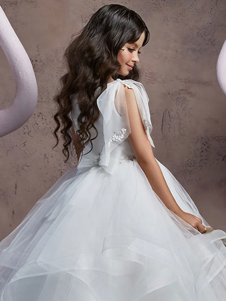 V Neck Lace Sleeveless Floor Length Shoulder Bows Princess Tiered Kids Social Party Dresses
