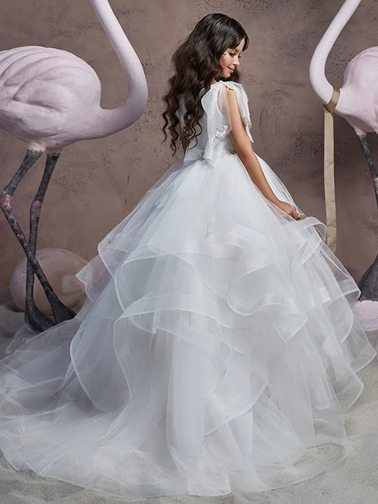 V Neck Lace Sleeveless Floor Length Shoulder Bows Princess Tiered Kids Social Party Dresses