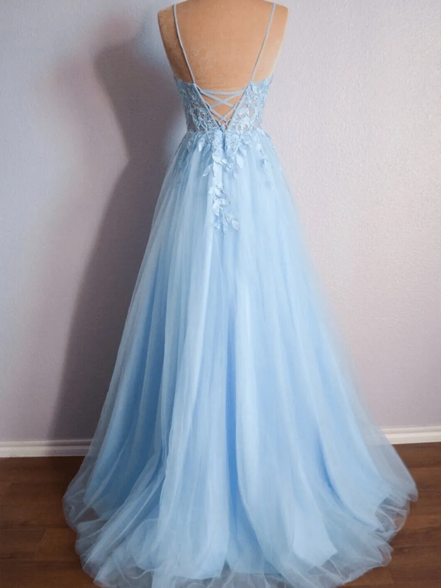 V Neck Lace-Up Appliques Tulle Long Prom Dresses