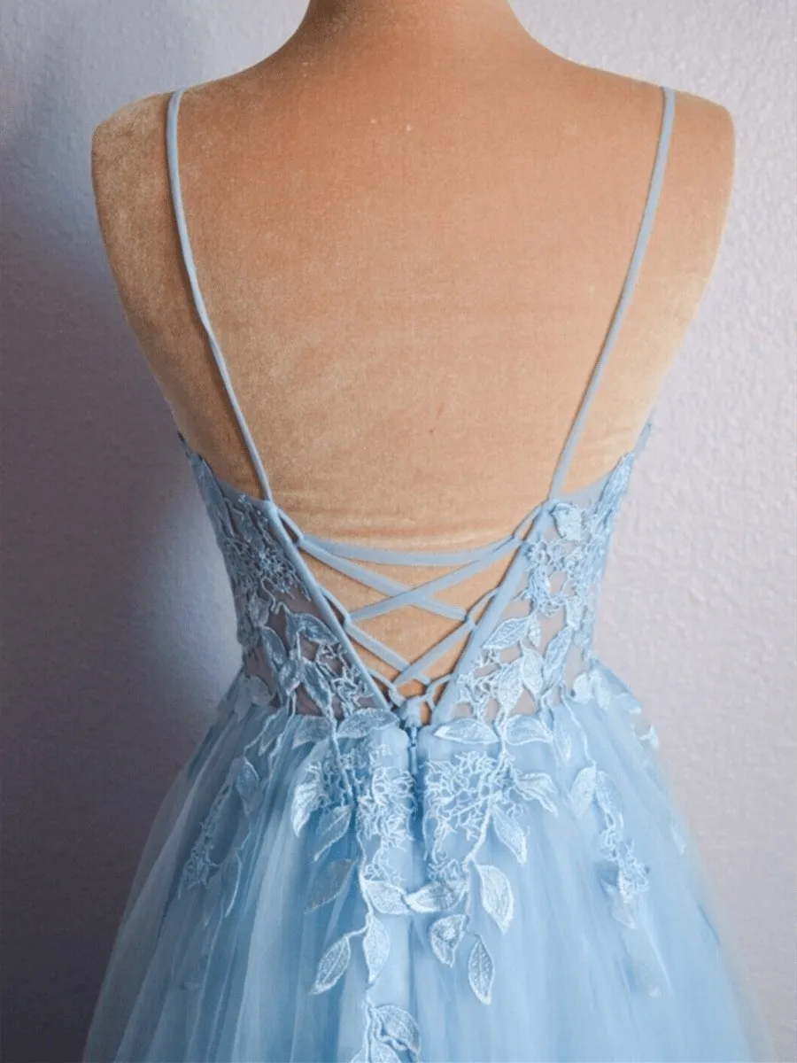 V Neck Lace-Up Appliques Tulle Long Prom Dresses