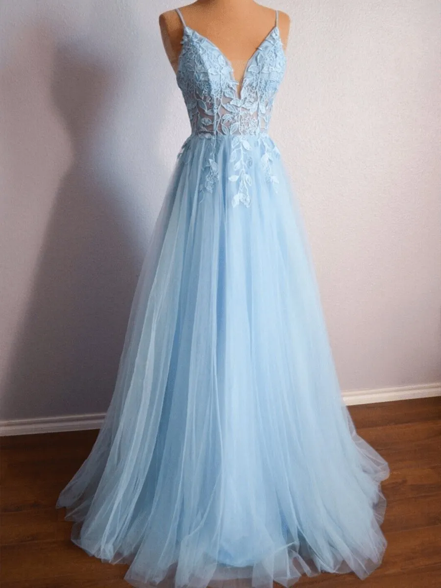 V Neck Lace-Up Appliques Tulle Long Prom Dresses