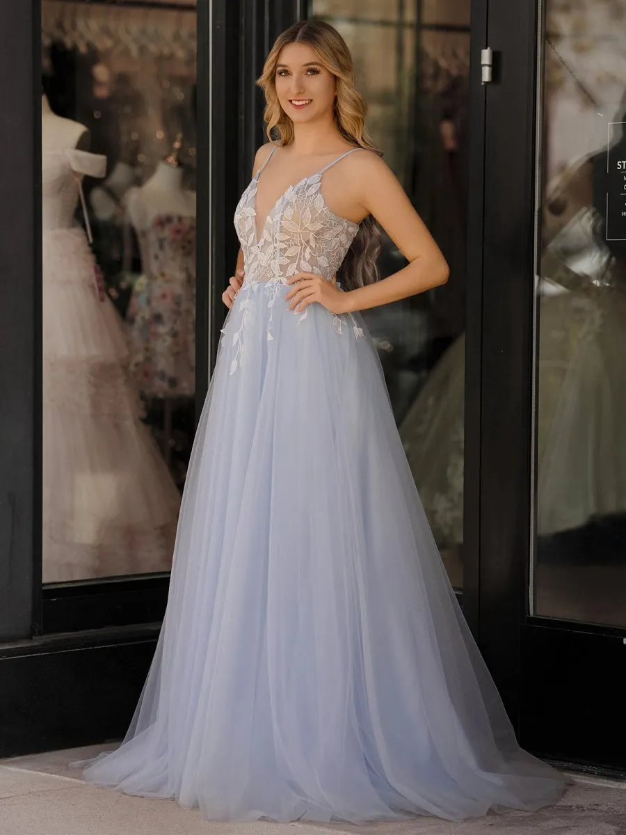 V Neck Lace-Up Appliques Tulle Long Prom Dresses