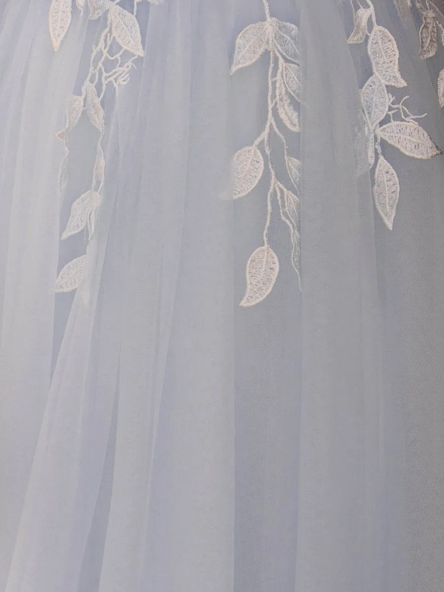 V Neck Lace-Up Appliques Tulle Long Prom Dresses