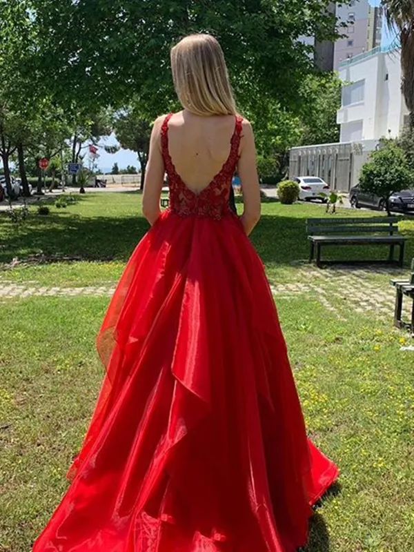 V Neck Open Back Red Lace Long Prom Dresses, Red Lace Formal Dresses, Red Evening Dresses