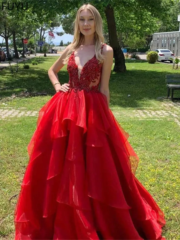 V Neck Open Back Red Lace Long Prom Dresses, Red Lace Formal Dresses, Red Evening Dresses