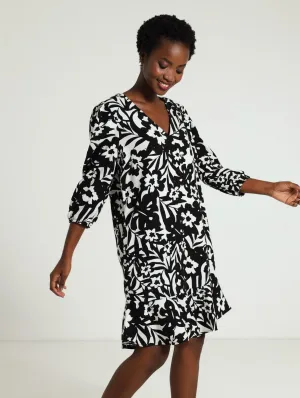 V-Neck Peplum Linen Dress - Black/White