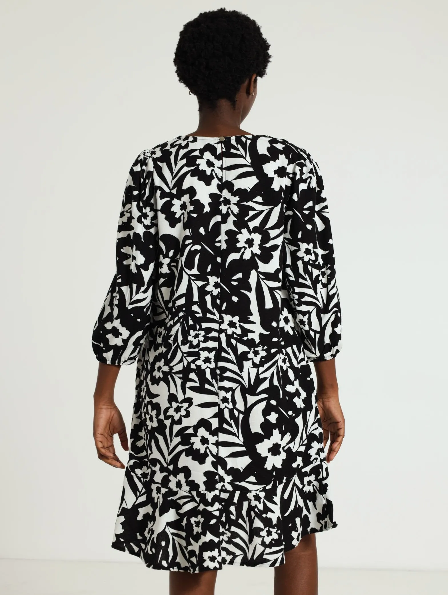 V-Neck Peplum Linen Dress - Black/White