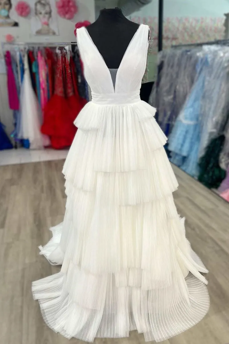 V-Neck Pleated Layered Long Formal Dresses