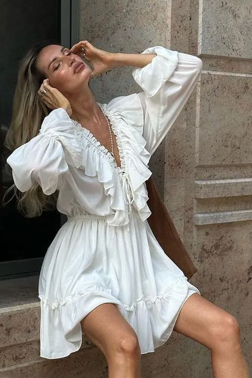 V-Neck Pleated Trumpet Sleeve Ruffled White Dress
