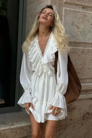 V-Neck Pleated Trumpet Sleeve Ruffled White Dress