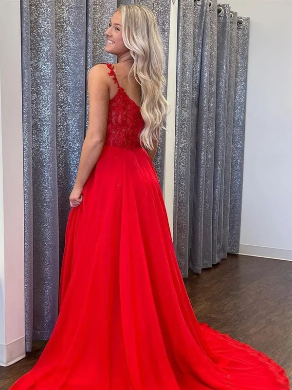 V Neck Red Lace Long Prom Dresses with High Slit, Red Lace Formal Graduation Evening Dresses
