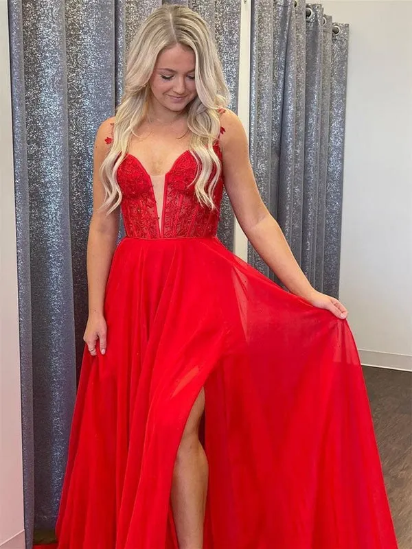V Neck Red Lace Long Prom Dresses with High Slit, Red Lace Formal Graduation Evening Dresses