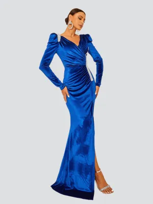 V-Neck Ruched Velvet Blue Dress RJ10444