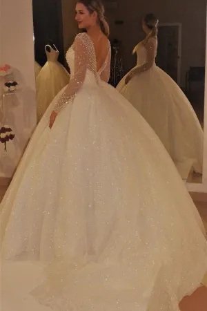 V-neck Sequin Ball Gown Wedding Dress with Beaded Sheer Long Sleeves