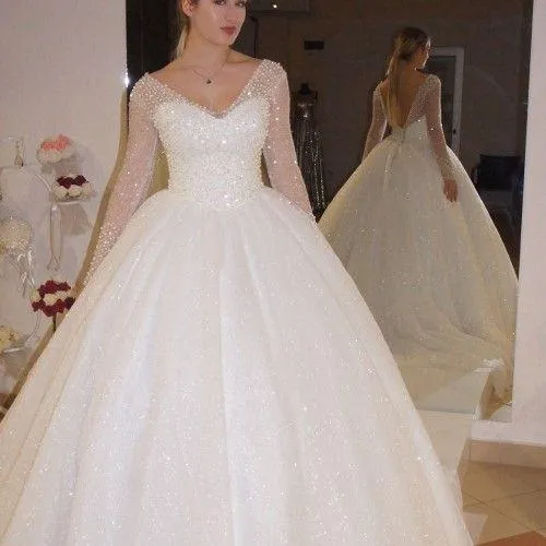 V-neck Sequin Ball Gown Wedding Dress with Beaded Sheer Long Sleeves