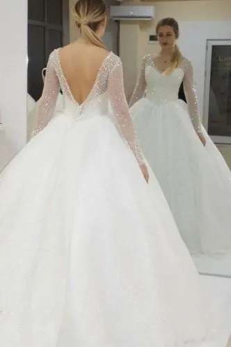 V-neck Sequin Ball Gown Wedding Dress with Beaded Sheer Long Sleeves