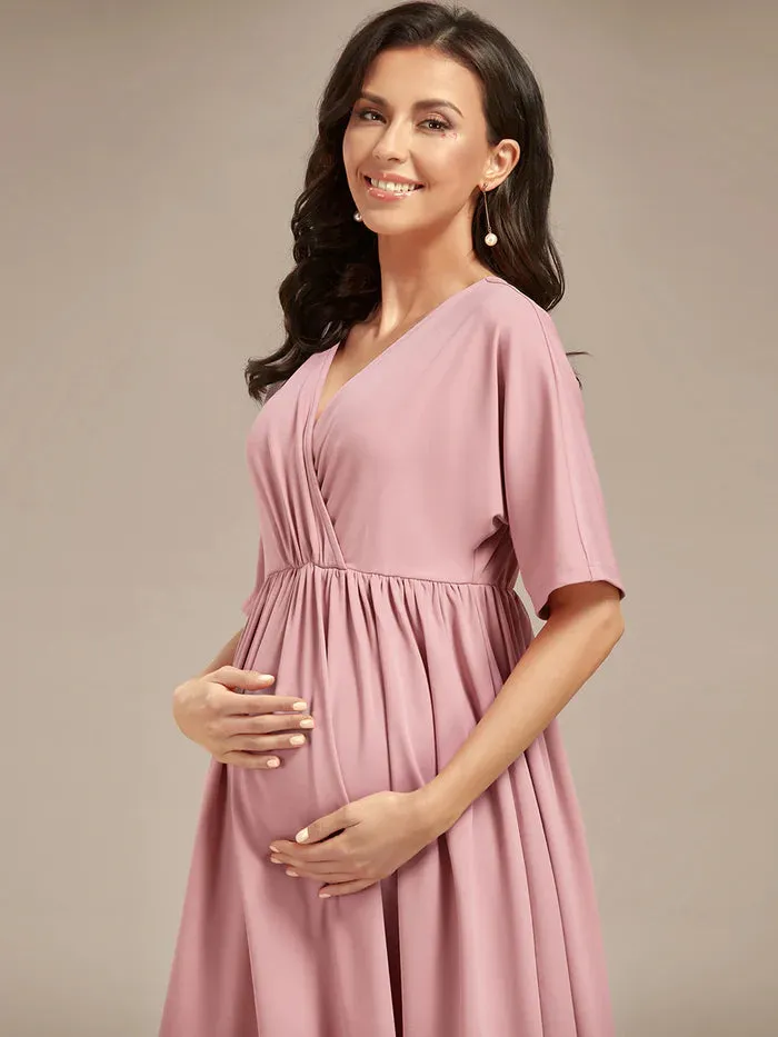 V Neck Short Pleated Maternity Dresses