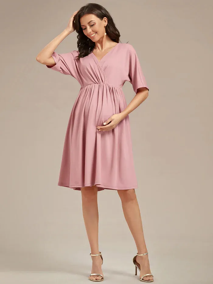 V Neck Short Pleated Maternity Dresses